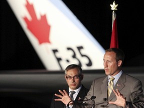 Peter MacKay, Minister of National Defence speaks to the military and media as he announces Canada will be acquiring the Lockheed Martin Joint Strike Fighter F-35 Lighting II Friday July 16, 2010 in Ottawa. Next to Minister MacKay is Minster Tony Clement. The government of Canada will buy 65 of these Joint Strike fighters and they are expected to be delivered in 2016.