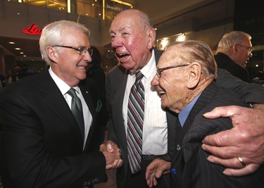 Brian Williams (L) Red  Storey and Johnny Bower at the Ontario Sports Hall of Fame induction ceremony at the Real Sports bar in Toronto on Tuesday October 15, 2013. Craig Robertson/Toronto Sun