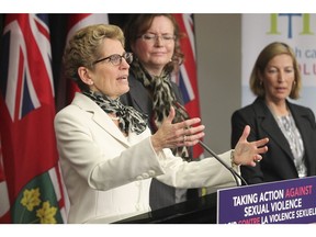Premier Kathleen Wynne joined Tracy MacCharles, Minister of Children and Youth Services and Sheila Macdonald, Provincial Co-ordinator of the Ontario Network of Sexual Assault  /Domestic Violence Treatment Centres, at Women's College Hospital to announce a package of initiatives to raise awareness of sexual violence and sexual harassment in Toronto on Thursday, Dec. 4, 2014.