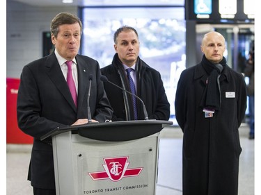 Toronto Mayor John Tory (from left), TTC Chair Josh Colle and TTC CEO Andy Byford at Victoria Park Station in Toronto, Ont. on Tuesday December 16, 2014. It was announced that TTC customers be able to use debit and credit cards all subway stations. Ernest Doroszuk/Toronto Sun/QMI Agency