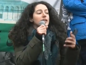 Nour Alideeb, the current chairperson of the Ontario branch of the Canadian Federation of Students, speaks at a anti-Israel rally outside the U.S. Consulate in Toronto on Saturday, Dec. 9, 2017.