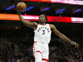 Toronto Raptors forward OG Anunoby (3) makes a layup on a breakaway during the first half on an NBA basketball game against the Philadelphia 76ers, Thursday, Dec. 21, 2017, in Philadelphia. The Associated Press