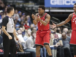 Toronto Raptors guards Kyle Lowry (7) and DeMar DeRozan (10) question a call during the second half of an NBA basketball game against the Dallas Mavericks in Dallas, Tuesday, Dec. 26, 2017. The Mavericks won 98-93. The Associated Press