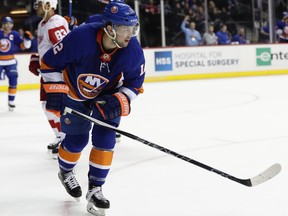 New York Islanders' Josh Bailey reacts after scoring a goal  against the Wings. (AP Photo/Frank Franklin II)