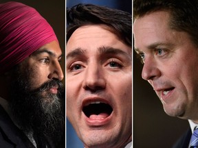 (From left to right) NDP Leader Jagmeet Singh, Liberal Prime Minister Justin Trudeau and Conservative Leader Andrew Scheer are seen in this combination shot.