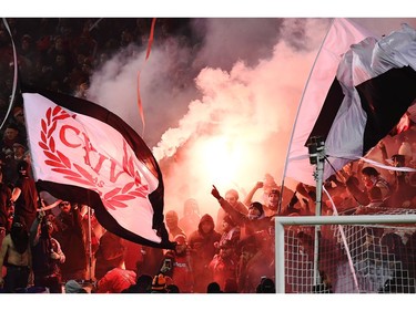 Toronto FC fans celebrate their team's victory over the Seattle Sounders in MLS Cup Final soccer action in Toronto on Saturday, December 9, 2017.