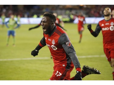 Toronto FC forward Jozy Altidore (17) celebrates his goal against the Seattle Sounders during second half MLS Cup Final soccer action in Toronto on Saturday, December 9, 2017.