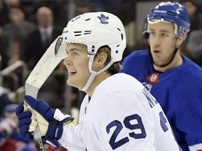 Maple Leafs centre William Nylander celebrates after scoring against the New York Rangers in Toronto’s 3-2 win on Dec. 23, 2017. (BILL KOSTROUN/AP)