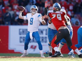 Matthew Stafford of the Detroit Lions throws a pass in the fourth quarter of a game against the Tampa Bay Buccaneers at Raymond James Stadium on Dec. 10, 2017