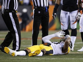 Pittsburgh Steelers inside linebacker Ryan Shazier lies on the field after an apparent injury in the first half of an NFL football game against the Cincinnati Bengals, Monday, Dec. 4, 2017, in Cincinnati.
