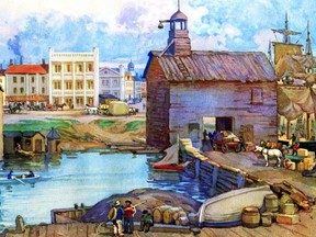 This image was featured on a 1934 calendar and is based on an illustration by William Henry Bartlett, who visited our city in 1838. Bartlett’s original work was included in Nathaniel Parker Willis’s book Canadian Scenery Illustrated published two years later. The view looks north from the edge of Toronto Bay. The street in the foreground is today’s Front St. while the white three story structure is on the north side of Wellington St. at the Church St. corner. Up the way, at the Church and King Sts. intersection is the courthouse and a little further north, Toronto’s first fire hall.