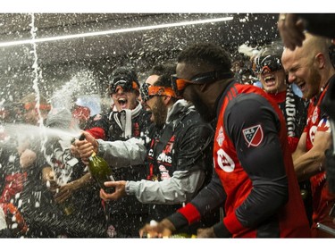 Toronto FC at the locker room celebrating their MLS Cup win over the Seattle Sounders at BMO Field in Toronto, Ont. on Saturday December 9, 2017.