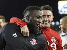 Toronto FC Jozy Altidore F (17) congratulated by a teammate after Toronto FC defeats Columbus Crew 1-0 to win the Eastern Final, advancing to the MLS CupJack Boland/Toronto Sun/Postmedia Network
