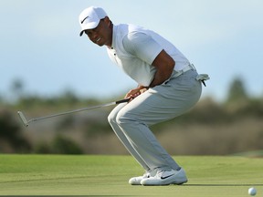 Tiger Woods reacts to a missed putt during the second round of the Hero World Challenge at Albany, Bahamas, on Dec. 1, 2017