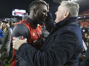 Toronto FC forward Jozy Altidore with Tim Leiweke after winning the MLS Cup on Dec. 9, 2017