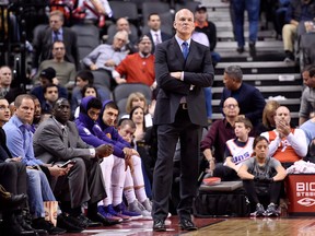 Phoenix Suns head coach Jay Triano looks on during an NBA game against the Toronto Raptors on Dec. 5, 2017