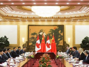 Prime Minister Justin Trudeau Chinese and Premier Li Keqiang take part in a bilateral meeting at the Great Hall of the People in Beijing, China on Monday, Dec. 4, 2017. (THE CANADIAN PRESS/Sean Kilpatrick)
