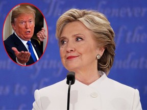 U.S. President Donald Trump (inset) has attacked "Vanity Fair" for apologizing for its video making fun of Hillary Clinton. (Martin H. Simon - Pool/Drew Angerer/Getty Images)