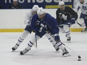 Nazem Kadri is chased by Auston Matthews at a Maple Leafs practice. Jack Boland/Toronto Sun/Postmedia Network