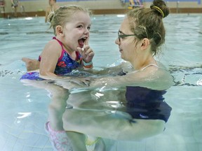 Madison( Madi) Ambos (L) and Megan Sherwin in the Variety Village pool on Sunday November 19, 2017. Veronica Henri/Toronto Sun/Postmedia Network