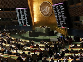 The voting results are displayed on the floor of the United Nations General Assembly in which the United States declaration of Jerusalem as Israel's capital was declared "null and void" on December 21, 2017 in New York City
