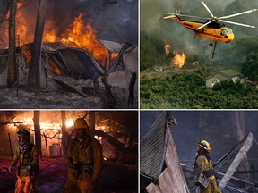 Top left: A house burns near Casitas Pass Road as the Thomas Fire continues to grow on December 10, 2017 near Carpinteria, California. Top right: Firefighting helicopters try to save a house from the Thomas wildfire in Carpinteria, California on December 10, 2017. Bottom left: Firefighters move away from a burning house after discovering downed live power lines, as the Thomas wildfire continues to burn in Carpinteria, California, on December 10, 2017. Bottom right: A firefighter looks through the smoldering ruins of a burned house near Casitas Pass Road as the Thomas Fire continues to grow on December 10, 2017 near Carpinteria, California.