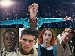 Clockwise from top: I, Tonya, Call Me by Your Name, Lady Bird, Dunkirk and Get Out.