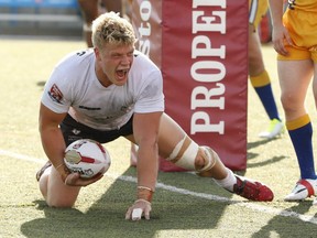 Toronto Wolf Pack Dan Fleming is pumped after scoring a try near the end of the match during the second half of the English rugby league Kingstone Press League 1  in Toronto, Ont. on Saturday July 15, 2017. Jack Boland/Toronto Sun