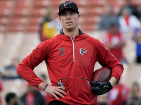 In this Jan. 6, 2018, file photo, Atlanta Falcons quarterback Matt Ryan watches during warm ups before an NFL wild-card playoff football game against the Los Angeles Rams in Los Angeles