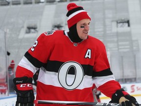 Dion Phaneuf of the Ottawa Senators during morning practice on the outdoor rink at TD Place, December 10, 2017. Jean Levac/Postmedia
