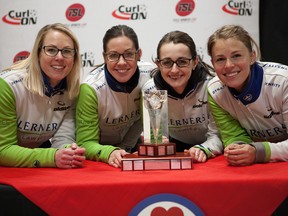 Hollie Duncan (left) and her rink of (from left) Stephanie LeDrew, Cheryl Kreviazuk, Karen Sagle pose with the trophy on Sunday. (Robert Wilson/OCA photographer)