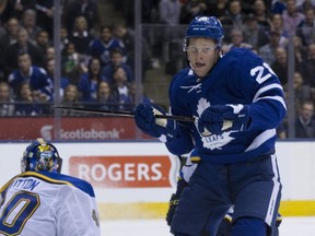 Leafs winger Connor Brown scores his team's only goal against St. Louis on Tuesday night. (STAN BEHAL/Toronto Sun)