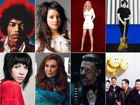 Clockwise from top left: Jimi Hendrix, Lilly Allen, Iggy Azalea, Jack White, Fall Out Boy, Justin Timberlake, Loretta Lynn and Carly Rae Jepsen.