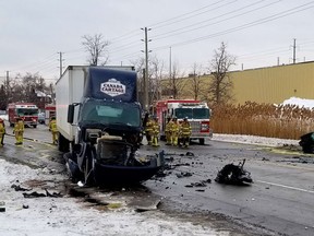 A tractor trailer and an SUV are seen after a fatal crash Tuesday, Jan. 2, 2017 in Oakville. David Ritchie photo