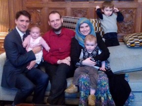 Prime Minister Justin Trudeau appears with members of the Boyle family on Parliament Hill in Ottawa in pictures posted Dec. 19, 2017 to a Twitter account attributed to the family of released Afghan hostage Joshua Boyle. (Twitter/The Boyle Family)