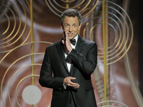 Host Seth Meyers at the 75th Annual Golden Globe Awards at the Beverly Hilton Hotel in Beverly Hills, Calif., on Jan. 7, 2018.  (Paul Drinkwater/NBC via AP)