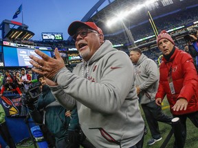 SEATTLE, WA - DECEMBER 31:  Head coach Bruce Arians of the Arizona Cardinals heads off the field after a 26-24 win over the Seattle Seahawks at CenturyLink Field on December 31, 2017 in Seattle, Washington.  (Photo by Otto Greule Jr/Getty Images)