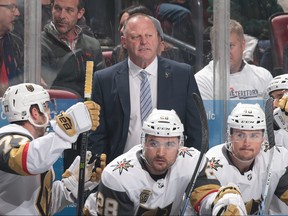 Head coach Gerard Gallant of the Vegas Golden Knights looks on during first period action against the Florida Panthers at the BB&T Center. (Photo by Joel Auerbach/Getty Images)