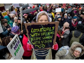 Orla Dean, 5, holds a placard during the Time's Up rally at Richmond Terrace, opposite Downing Street on Jan. 21, 2018 in London, England. The Time's Up Women's March marks the one year anniversary of the first Women's March in London and in 2018 it is inspired by the Time's Up movement against sexual abuse.