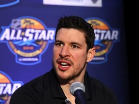 Sidney Crosby #87 of the Pittsburgh Penguins addresses the media during Media Day for the 2018 NHL All-Star at the Grand Hyatt Hotel on January 27, 2018 in Tampa, Florida.