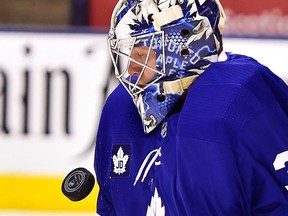 Toronto Maple Leafs goaltender Frederik Andersen makes a save against the Tampa Bay Lightning on Jan. 2, 2018