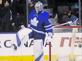 Toronto Maple Leafs Frederik Andersen G (31) kicks his leg up after winning in the shootout winning 3-2 in Toronto on Thursday January 4, 2018. Jack Boland/Toronto Sun/Postmedia Network