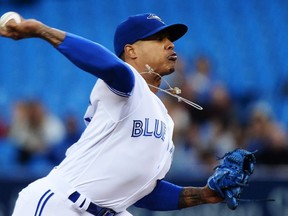 Toronto Blue Jays starting pitcher Marcus Stroman (6) works against the Detroit Tigers during first inning AL baseball action in Toronto on Friday, September 8, 2017. THE CANADIAN PRESS/Nathan Denette