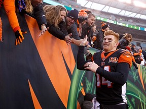 Andy Dalton of the Cincinnati Bengals celebrates with fans after defeating the Detroit Lions at Paul Brown Stadium on Dec. 24, 2017