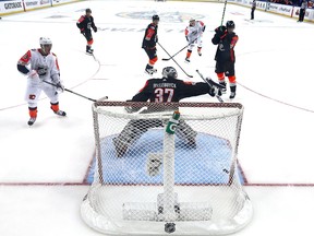 Brock Boeser of the Vancouver Canucks takes a shot on net against Connor Hellebuyck of the Winnipeg Jets during the second half of the 2018 Honda NHL All-Star Game between the Central Division and the Pacific Divison at Amalie Arena on Jan. 28, 2018 in Tampa, Fla.  (Bruce Bennett/Getty Images)