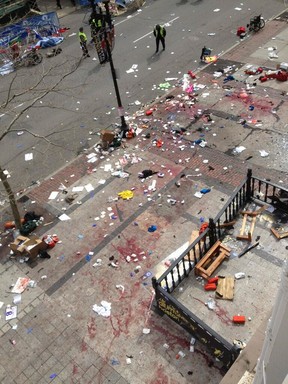 This Monday, April 15, 2013, file photo shows the scene where one of two explosions occurred near the finish line of the 2013 Boston Marathon.
