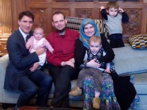 Prime Minister Justin Trudeau appears with members of the Boyle family on Parliament Hill in Ottawa in pictures posted Dec. 19, 2017 to a Twitter account attributed to the family of released Afghan hostage Joshua Boyle. (Twitter/The Boyle Family)