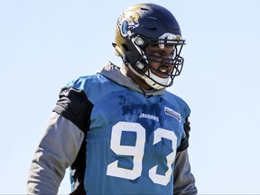Jaguars defensive end Calais Campbell takes part in a drill during a practice in Jacksonville, Fla., Thursday, Jan. 18, 2018.