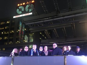 Mayor John Tory attends the re-lighting ceremony for the Sam the Record Man sign above Dundas Square on Wednesday, Jan. 10, 2018. (@johntory)