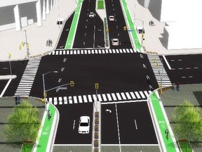 An illustration of possible bike lanes at the Yonge St. and Finch Ave. intersection.